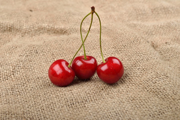 Horizontal photo of tree red cherries with water drops which are together on one green branch on jute background. Copy space. Lights and shadows