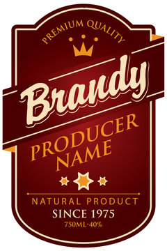 label in curly frame for brandy with ribbon and crown in retro style