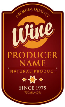 Vector label in curly frame for wine on burgundy background in retro style