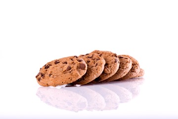 Chocolate chip cookies on white background