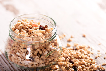 Muesli cereal, oats, granola and raisins