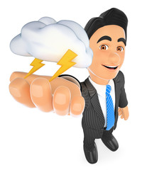 3D Weather man with cloud and lightning. Thunderstorm day