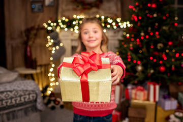 Fototapeta na wymiar Happy kid showing gift box