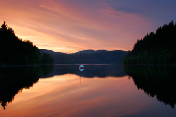 Calm Mountain Lake at Sunset, Small Sailing Boat