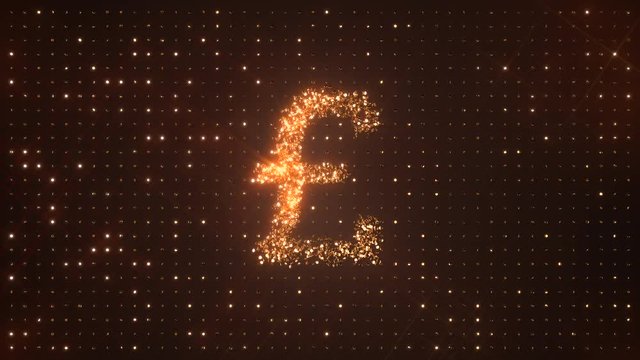 British pound symbol &pound; made from rotating glittering golden coins on dark background.  All that glitters is gold. GBP. Perfect loop.