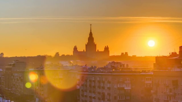 Sunset Moscow State University in winter timelapse