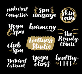 Fototapeta premium Vector health and beauty care logos or labels. Spa, yoga centers badges. Wellness signs. Hand drawn tags and elements set for organic cosmetics, natural products.