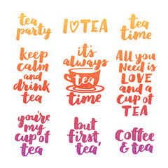 Set of vector hand written quotes about tea. Brush lettering with drink phrases. Collection of tea typography with yellow-red-purple gradient ink on white isolated background.