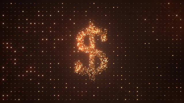 US dollar symbol $ made from rotating glittering golden coins on dark background.  All that glitters is gold. USD. Perfect loop.