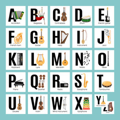 Alphabet with musical instruments and items