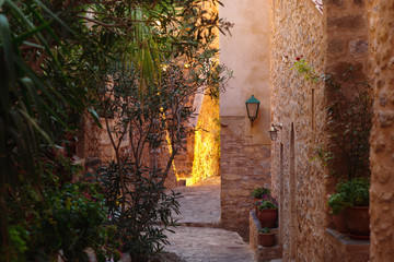 Dawn on a medieval stone street in Monemvasia, Greece