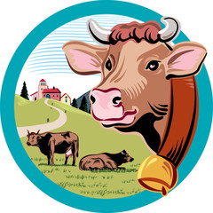 round frame, with landscape and head of cow.