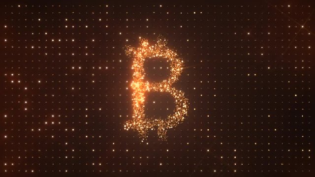 Bitcoin symbol made from rotating glittering golden coins on dark background.  All that glitters is gold. XBT or BTC crypto currency. Perfect loop.