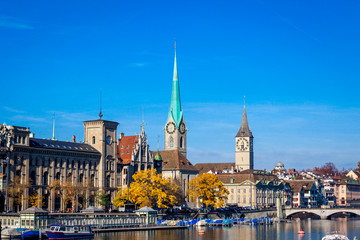 Fototapeta premium Switzerland. Panorama of Zurich with lake with boats on foreground