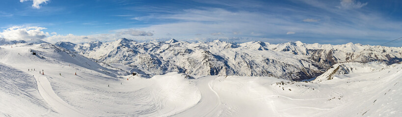 Panoramic view of mountain range with ski piste
