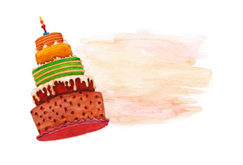 Watercolor background with birthday cake - 138836795