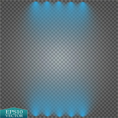 Special light effects. Realistic vector blue projectors for scene lighting isolated on transparent backdrop. Colorful stage lights background. Vector Spotlights. Scene. Light Effects.
