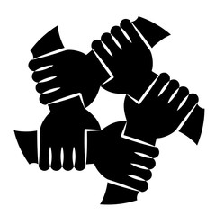 Vector Illustration Of Five Human Hands Silhouettes Holding Eachother For Solidarity And Unity