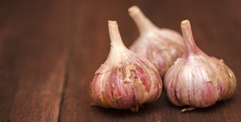 Ripe garlic head on a wooden background