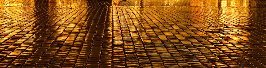 rain-wet cobblestones shining in the light of some shop windows