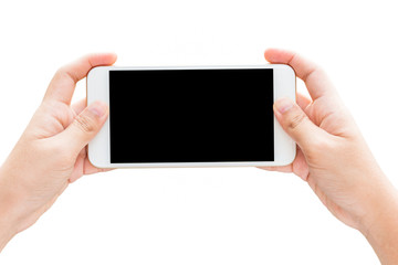 Woman hands using smart phone isolated on white background