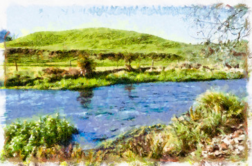 River flowing through a meadow with a grassy hillock in the background