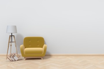 Mitt yellow sofa for reading in the living room. 3D rendering