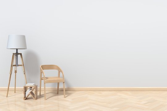 A reading corner with a chair and a lamp on the wooden floor behind White,3D rendering