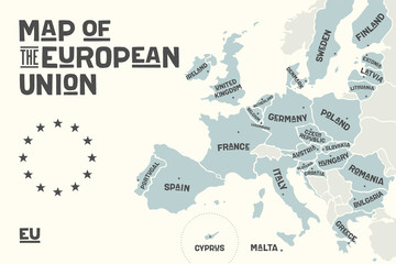 Naklejka premium Poster map of the European Union with country names and capitals. Print map of EU for web and polygraphy, on business, ecomomic, political, Brexit and geography themes. Vector Illustration