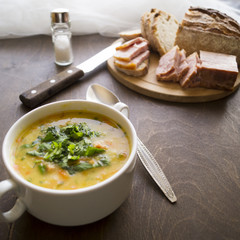 pea soup on wooden background