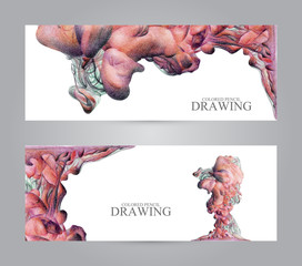 Banners with abstract cloud of ink drawn by hand with colored pencils. Watercolor in water. Holi. Liquid ink. Pencil drawing. Place for text. Banners for web. Colorful header