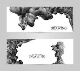 Banners with abstract cloud of ink drawn by hand with colored pencils. Watercolor in water. Holi....