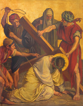 BERLIN, GERMANY, FEBRUARY - 16, 2017:  The paint on the metal plate - Jesus fall under cross in church St. Matthew  by Philipp Schumacher (1907 - 1915).