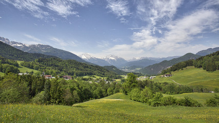 Overlooking mountain town of Oberau, Germany from the Rossfeld Panorama road.