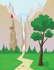 Digital vector abstract background with green grass and a path to mountains, castle in rocks, flat triangle style