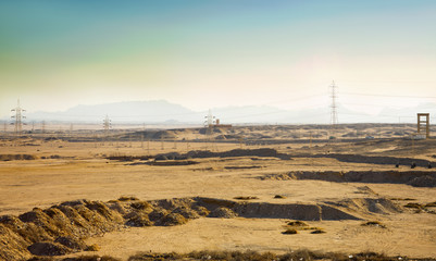 View on Eastern (Arabian) Desert with electrotowers and ditches for new constructions