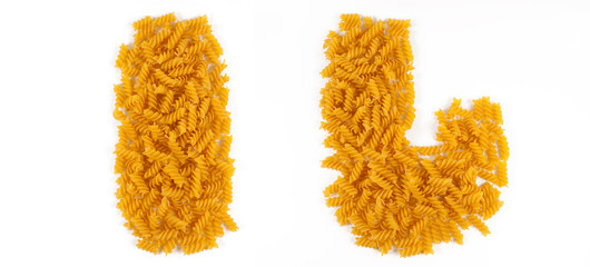 Alphabet made of pasta. Letter I and J.
