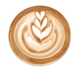 Top view of hot coffee latte art foam isolated on white background, clipping path included