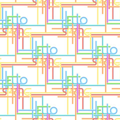 Vector typography seamless pattern, phrase Hello Spring made with stripes. Vintage texture in rainbow colors on white background.