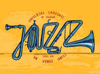 Naklejka premium jazz trumpet print - jazz word made of trumpet - colorful t-shirt print.