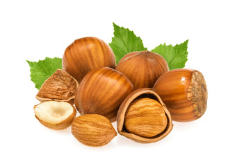 Hazelnuts with leaves isolated on white