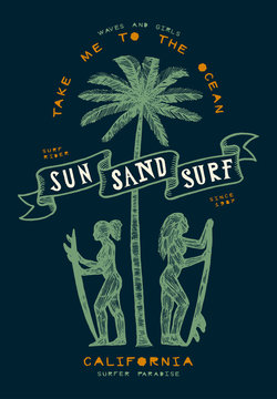 sun sand and surf - surfing girls on the bech with a palm-tree vintage print