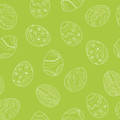 Seamless vector pattern easter eggs in doodle style with green background