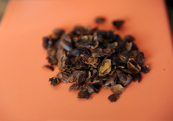 The dried flesh of the coffee berries cascara is scattered on the orange surface, close-up