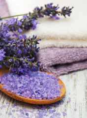 Spa products and lavender flowers