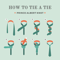 Instructions on how to tie a tie on the turquoise background of the six steps. Oriental knot. Vector Illustration.