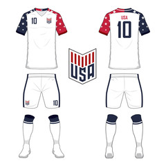 Naklejka premium Set of soccer jersey or football kit template for United States of America national football team. Front and back view soccer uniform. Sport shirt mock up. Vector Illustration