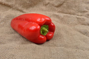 Red pepper lying on on sackcloth background. Concept of healthy food, bio from countryside