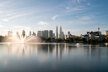 Kuala Lumpur skyline and fountation at Titiwangsa Park in Kuala Lumpur. Malaysia.