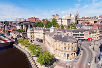 Aerial view of Newcastle's Quayside, Castle Keep and Cathedral by the River Tyne.